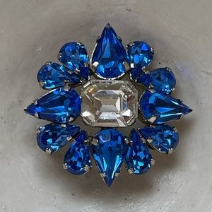 Czech Vivid Blue Glass Brooch Floral, 1.5”